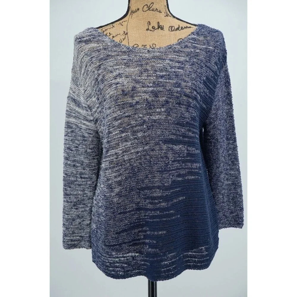 Lucky Brand Women Knit Top Small Blue White Long Sleeve Lightweight Round Neck
